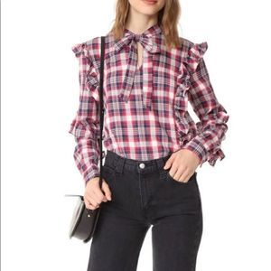 Blank NYC Ruffle Plaid Bow Button Up Top Size Small